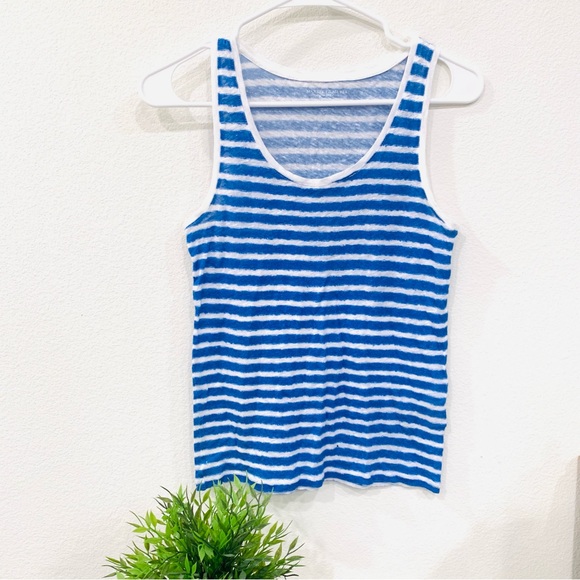 NEW MAJESTIC FILATURES stretch linen blue white striped tank top - Picture 1 of 5